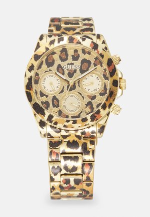 Zlato-tonirana kronograf ura z obrazom in naramnico z leopardjim vzorcem. Ima tri notranje diale, sijoč zaključek in teksturirane detajle.