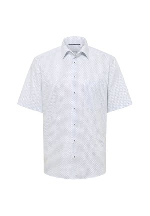 Chemise blanche à manches courtes avec des boutons, ornée d'un petit motif de points noirs et d'une poche poitrine unique, présentée sur un fond uni.