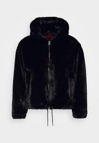Black faux fur hooded jacket with a zip front, drawstring at the hem, and a soft texture. Features long sleeves and a relaxed fit.