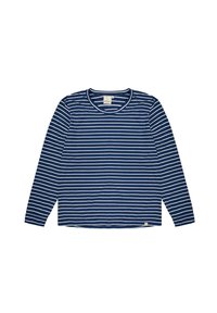 Marineblauwe langemouwshirt met witte horizontale strepen, een ronde hals en een rechte zoom. Zachte katoenstof zonder zichtbare logo's.