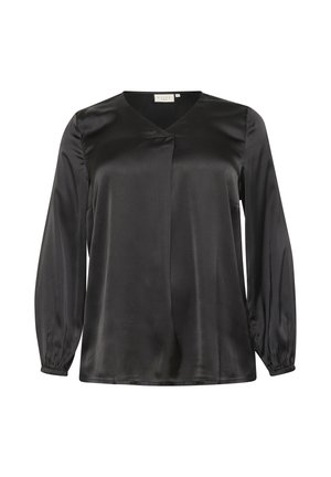 Bluza din satin negru cu mâneci lungi și umflate, decolteu în V și plisare centrală în față. Textură netedă și finisaj lucios.