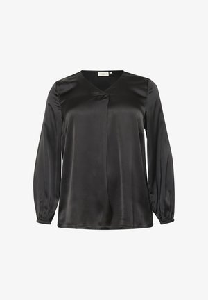 Černá saténová blůza s dlouhými, nabíranými rukávy, výstřihem do V a středovou skládku na přední straně. Hladká textilie a lesklý povrch.