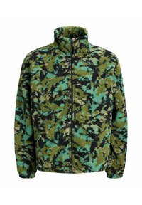 Fleece jack met een hoge kraag, voorzien van een multicolore camouflagepatroon in groen, zwart en turkoois. Voorzien van rits aan de voorkant.