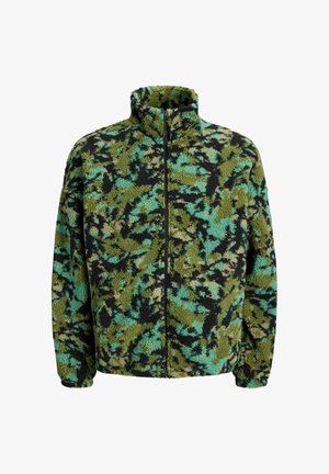 Fleece jacket with a high collar, featuring a multicolored camouflage pattern in green, black, and turquoise. Front zipper closure.