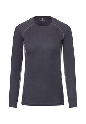 Dunkelgraues Thermoshirt mit langen Ärmeln und Rundhalsausschnitt, sichtbaren Nähten sowie Logo am linken Ärmel und im inneren Nackenbereich.