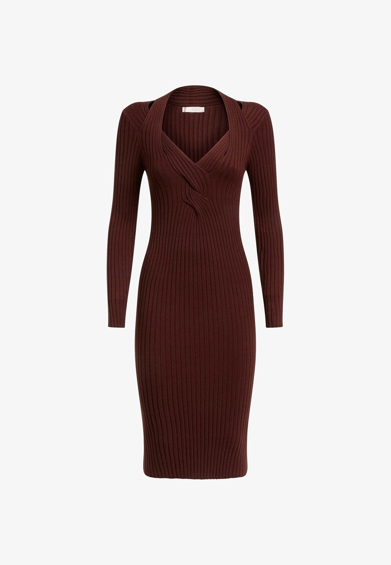 Ribbed ruskea midi-mekko pitkillä hihoilla, V-pääntie ja kiertoa yksityiskohta rinnan kohdalla. Valmistettu joustavasta materiaalista, joka muotoilee vartaloa.
