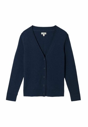 Tmavomodrý kardigán s výstrihom do V, dlhými rukávmi a piatimi gombíkmi po celej prednej strane, vyrobený z jemného pleteného materiálu.