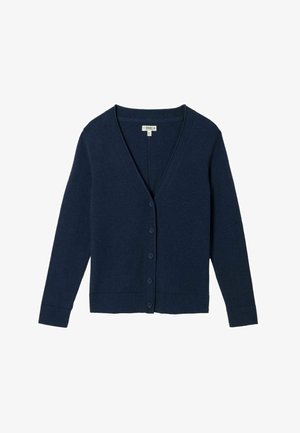 Tmavomodrý kardigán s výstrihom do V, dlhými rukávmi a piatimi gombíkmi po celej prednej strane, vyrobený z jemného pleteného materiálu.