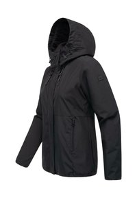 Črna jakna s kapuco, z zadrgo spredaj, dvema žepoma z zadrgo in elastičnimi poudarki na manšetah. Narejena je iz gladkega, vremensko odpornega materiala.