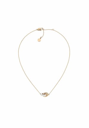 Goldfarbener Halsreifen mit einem knotengeformten Anhänger in Weiß und Gold, verziert mit kleinen eingelassenen Steinen. Verstellbarer Verschluss enthalten.