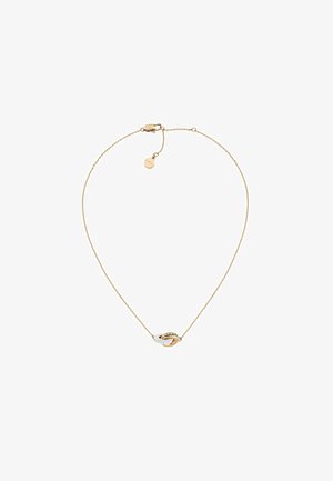 Gouden ketting met een knoopvormige hanger, afgewerkt in wit en goud, accentueert door kleine ingelegde steentjes. Inclusief verstelbare sluiting.