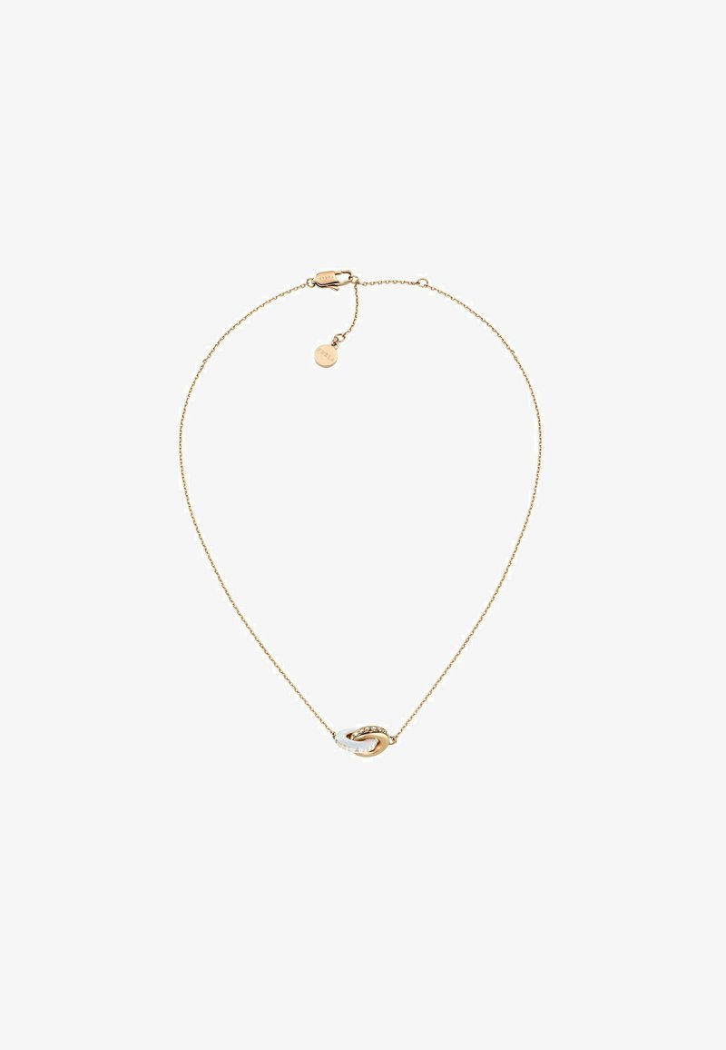 Guldfarvet halskæde med en knudeformet vedhæng med hvid og guldfinish, prydet med små indlejrede sten. Justerbar lås medfølger.