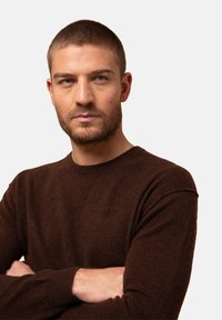 Brauner gestrickter Pullover mit Rundhalsausschnitt, langen Ärmeln und einer weichen Textur. Das Design hat eine lockere Passform und minimale Details.