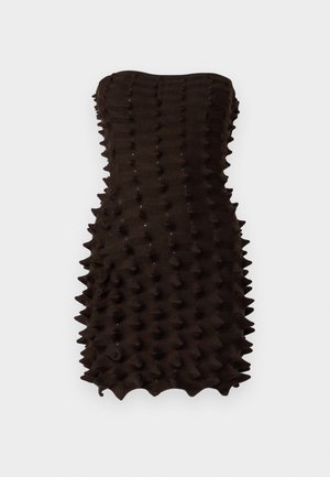 Strapless, mini dress made of textured dark brown fabric with a ruffled design and a form-fitting shape, creating a three-dimensional effect.
