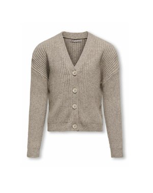 Beige ribgebreide cardigan met V-hals, met lange mouwen en vijf knopsluitingen aan de voorkant. De stof lijkt zacht en heeft een gestructureerde afwerking.
