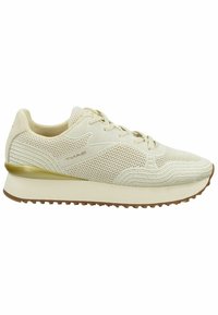 Helle beige Sportschuh mit Obermaterial aus Mesh, strukturierten Akzenten und goldenen Details an der Ferse. Verfügt über eine Gummisohle und ein Schnürdesign.