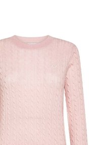 Maglione a trecce di colore rosa chiaro con scollatura rotonda, maniche lunghe e un piccolo logo ricamato sul petto. Texture morbida.