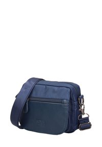 Borsa a tracolla blu navy realizzata in nylon durevole e pelle sintetica, dotata di un ampio scomparto principale con zip e una tasca frontale con zip.