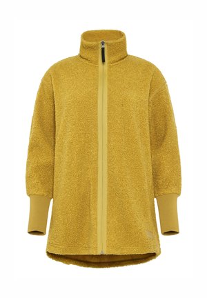 Veste en polaire jaune avec col montant, fermeture éclair intégrale à l'avant, manches courtes et poignets côtelés. Texture douce avec une coupe décontractée.