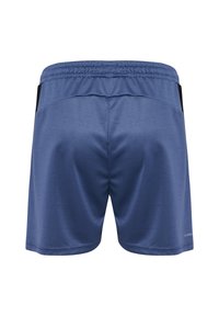 Marineblauwe sportieve shorts van lichtgewicht stof. Voorzien van een elastische tailleband en zwarte zijkanten voor een sportieve uitstraling.