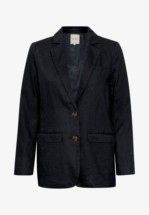 Tamsiai mėlynas bleizeris, pagamintas iš tekstūruoto lino, su dviem priekinių kišenių, dviem rudiems mygtukams ir akmeninės apykaklės dizainu. Lygus vidinis pamušalas.