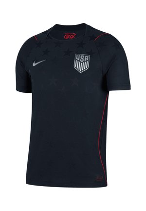 Dunkel marineblaues kurzärmeliges Sporttrikot mit dezentem Sternenmuster, USA Fußballteam-Wappen auf der Brust, Nike Swoosh Logo und dünnem roten Besatz an den Seiten.