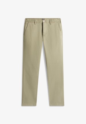 Beżowe spodnie o prostych nogawkach z szlufkami na pasek, zapinane z przodu na guzik, z dwoma przednimi kieszeniami i dopasowanym krojem.