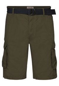 Shorts cargo verts olive avec poches latérales et ceinture en tissu noir munie d'une boucle double anneau métallique, présentés de face.