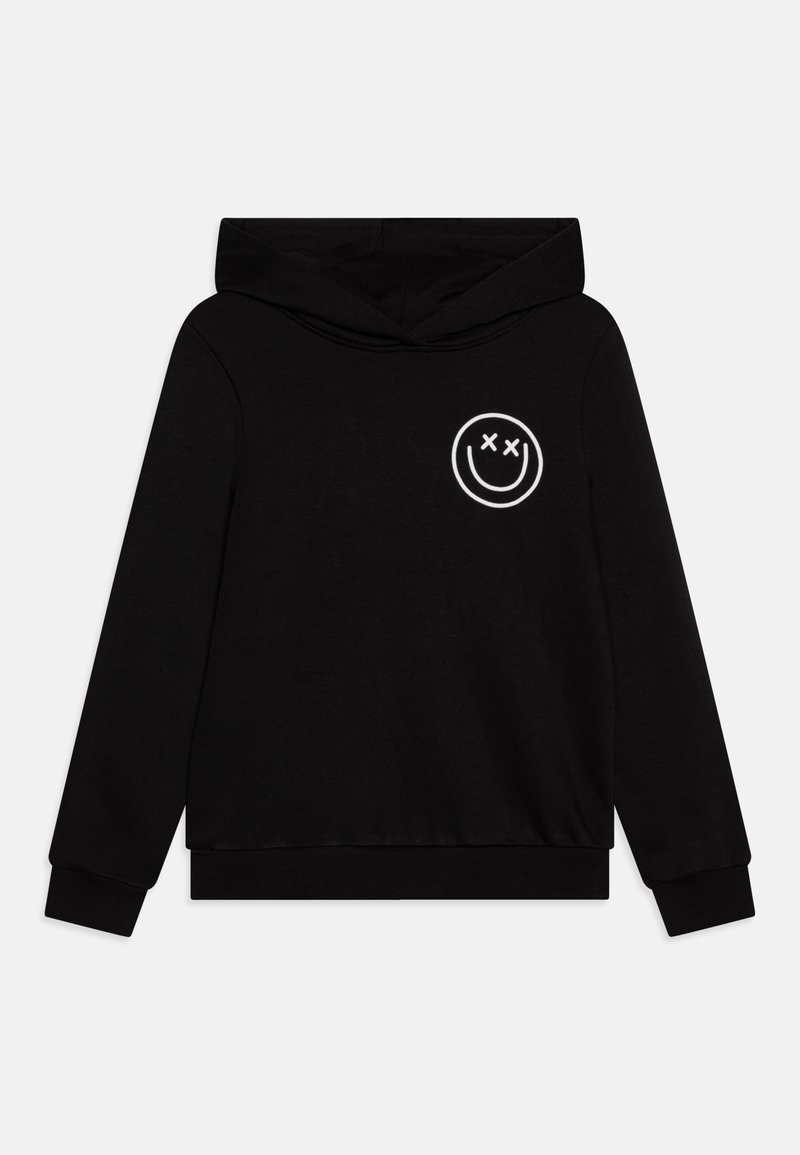 Black hooded sweatshirt made of soft material. Features a white smiley face logo with X's for eyes on the left chest. Standard fit.