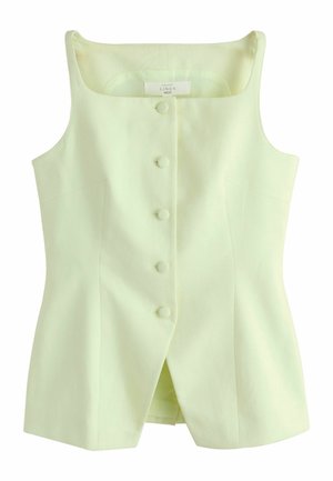 Ujjatlan, halványsárga lenmellény négyzet alakú nyakkivágással, öt textillel bevont gombbal az elején, valamint elöl hasítékkal a szegélyén.