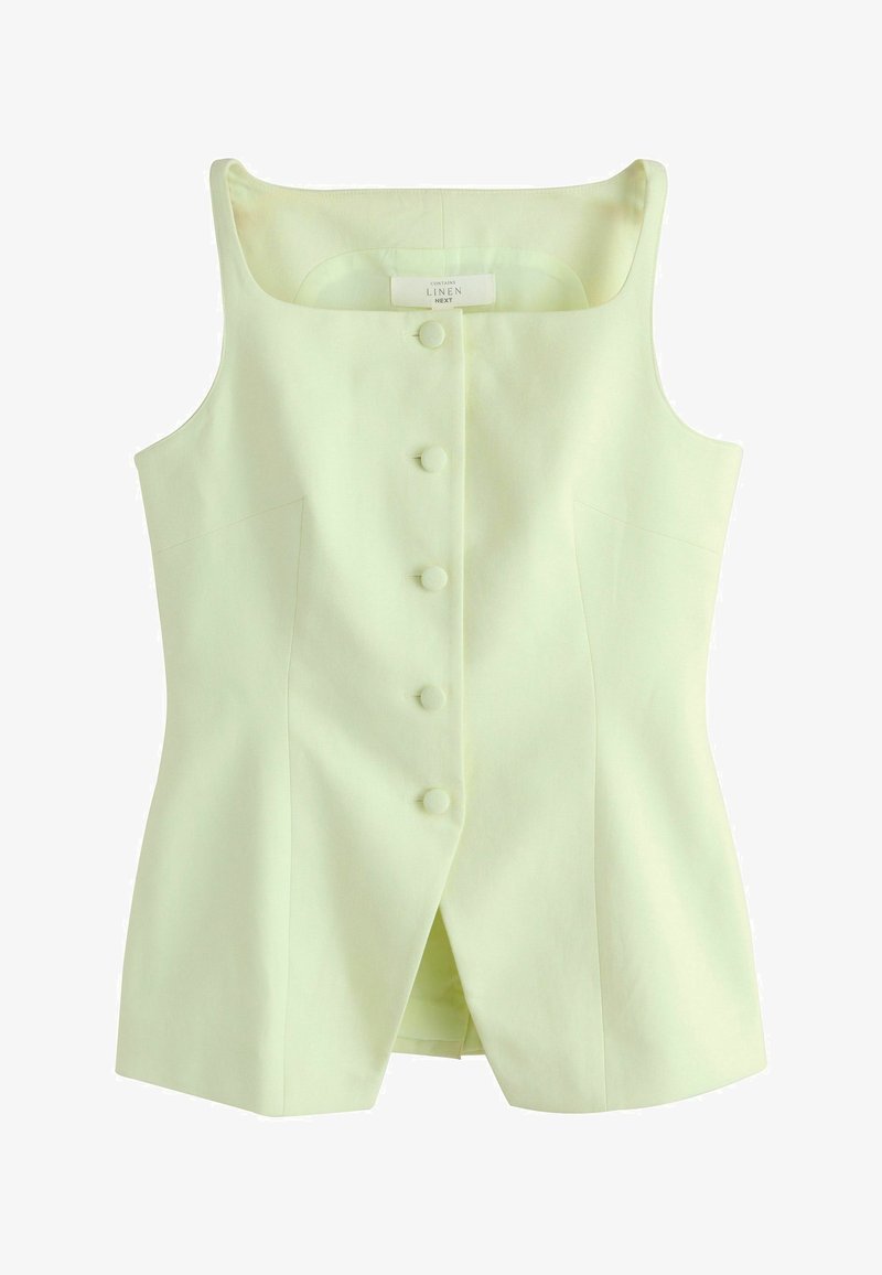 Mouwloos lichtgeel linnen vest met vierkante halslijn, vijf met stof beklede knopen in het midden en een split aan de voorkant bij de zoom.