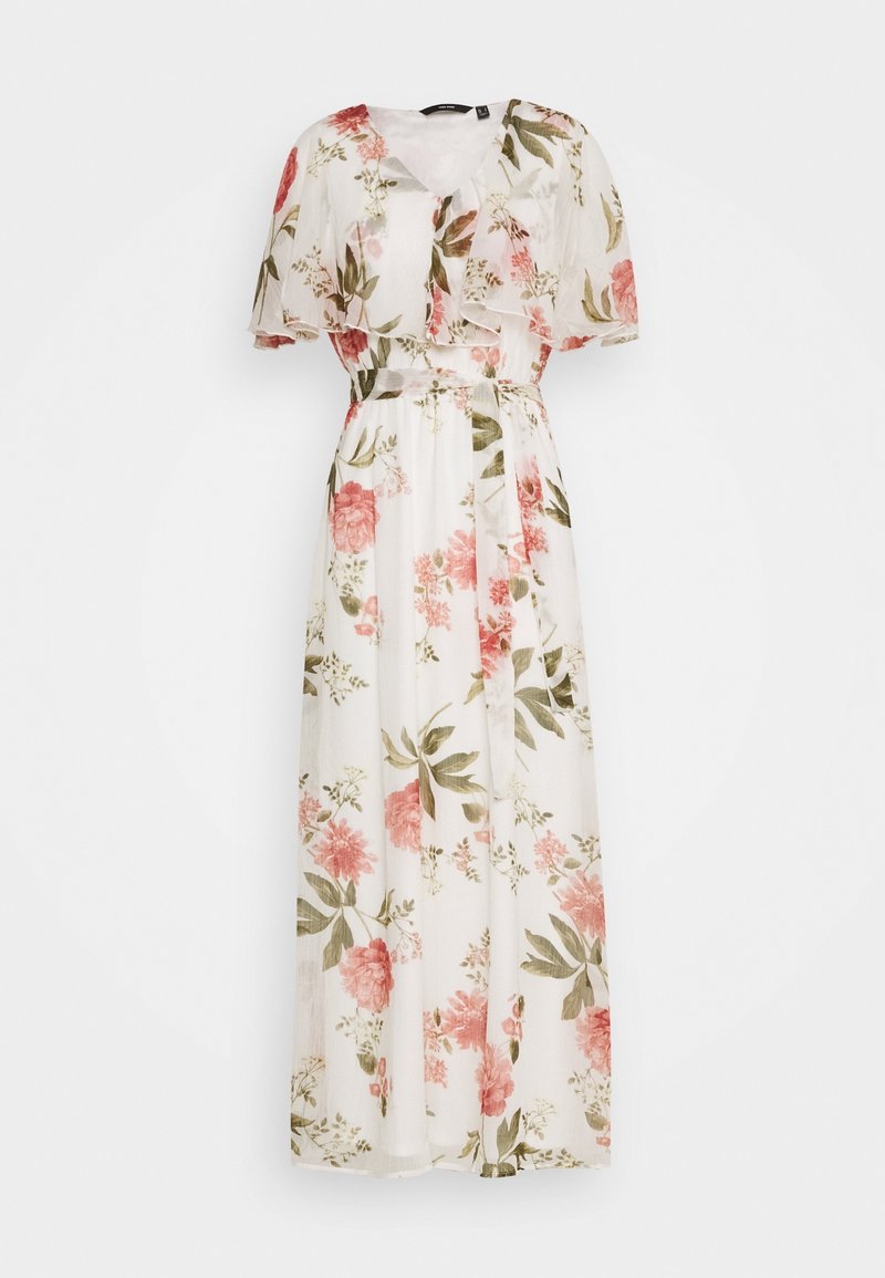 Robe maxi blanche à imprimé floral rose, manches courtes volantées, encolure en V et ceinture à nouer à la taille.