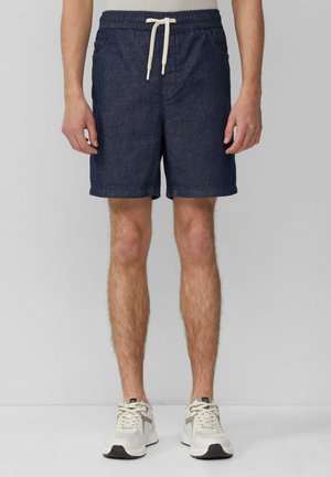 Dunkelblaue Denim-Shorts mit elastischem Bund und Kordelzug. Sie verfügen über zwei seitliche Taschen und einen geraden Schnitt in Kniehöhe.
