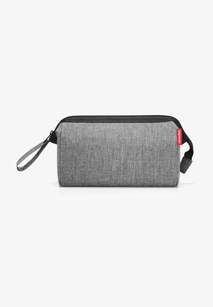 Gray fabric pencil case with a black zip, textured surface, and a side wrist strap for easy carrying. Red logo accent on the side.