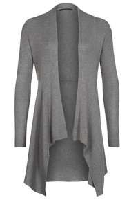 Cardigan gris en maille à manches longues, ouvert sur le devant, avec ourlet drapé, texture côtelée et manches ajustées.