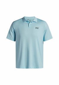 Camisa polo de color azul claro en una tela suave y transpirable. Presenta un cuello y un logo negro de Under Armour en el lado izquierdo del pecho. Diseño de manga corta.