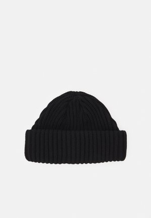 Black knitted beanie hat featuring a ribbed texture, fold-over cuff, and rounded top design.