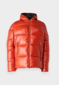 Red puffer jacket with a glossy finish, zippered front, and side pockets. Features hood and quilted design for warmth and insulation.