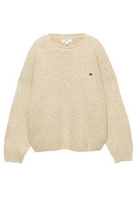 Pulover tricotat bej cu pete, cu mâneci lungi, decolteu rotund, manșete și tiv ribbate, și un mic logo brodat negru pe piept.