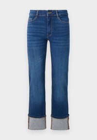 Blue denim jeans with a straight leg, featuring rolled cuffs in light grey. Mid-rise waist and traditional five-pocket design.