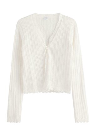 Cardigan bianco lavorato a maglia con maniche lunghe, scollo a V, bordi smerlati e motivo a coste verticali testurizzate, chiusura frontale con bottoni.
