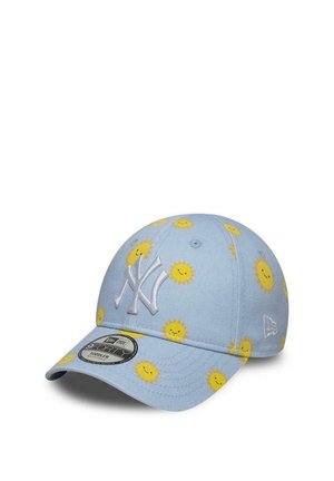 Light blue toddler cap with white NY logo and yellow smiling sun patterns all over, featuring a curved brim and adjustable back.