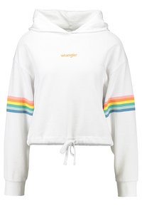 Felpa bianca con cappuccio e orlo con cordini, caratterizzata da un design a strisce arcobaleno sulle maniche e un piccolo logo "Wrangler" sul petto. Tessuto morbido.