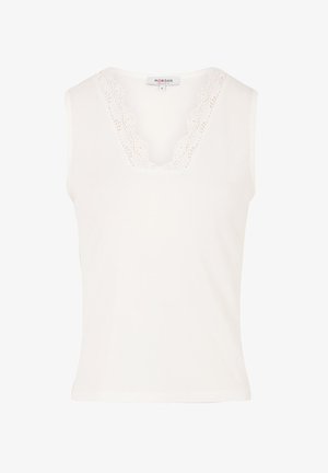 Haut sans manches blanc avec un décolleté en V et une finition en dentelle au niveau du cou. Fabriqué en tissu lisse, il a une silhouette ajustée.