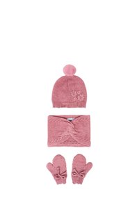 Set di accessori invernali lavorati a maglia di colore rosa che include un cappello con pompon e dettagli floreali, una fascia torcigliata e dei guanti con dettagli a fiocco.