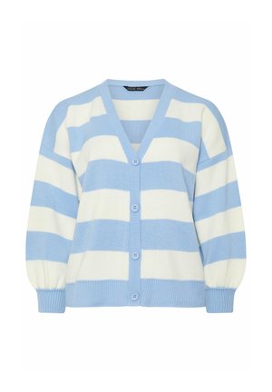 Lichtblauw met wit horizontaal gestreepte cardigan met knopen, lange pofmouwen en geribde manchetten en zoom.