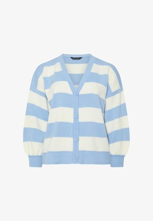 Lichtblauw met wit horizontaal gestreepte cardigan met knopen, lange pofmouwen en geribde manchetten en zoom.