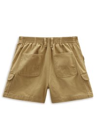 Shorts khaki realizzati in misto cotone, con vita elasticizzata, due tasche anteriori e due ampie tasche posteriori. Texture liscia.