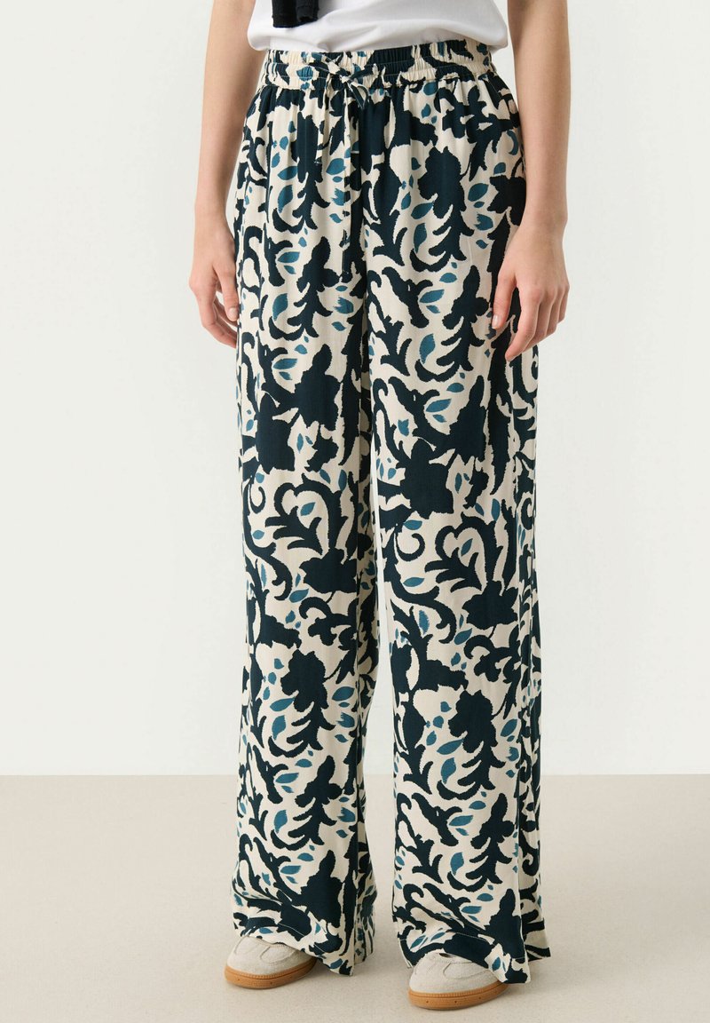 Wide-leg pants featuring a cream background with dark blue and teal floral patterns, elastic waistband, and lightweight fabric.