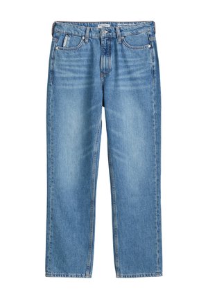 Helle blaue Jeans im geraden Schnitt, mit fünf Taschen, sichtbaren Nähten und einem Knopfverschluss am Bund.